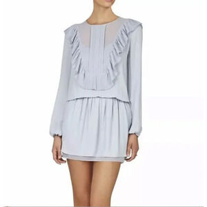 BCBGMaxazria Kristey Pleated Ruffle Bib Dress in Light Dusty Blue, Size Large‎